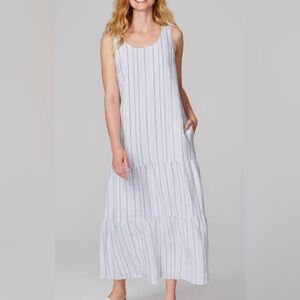 J Jill Love Linen Maxi Dress Sleeveless Tiered Striped White Blue Size Medium